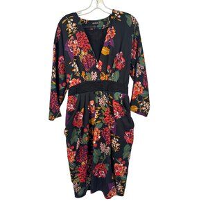 H&M Conscious Collection Floral Dress satin Pockets & Tie Belt Black Size 12